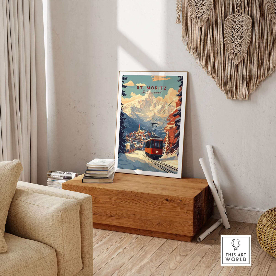 St Moritz Print Switzerland Ski Poster in cozy room setting with natural decor and sunlight