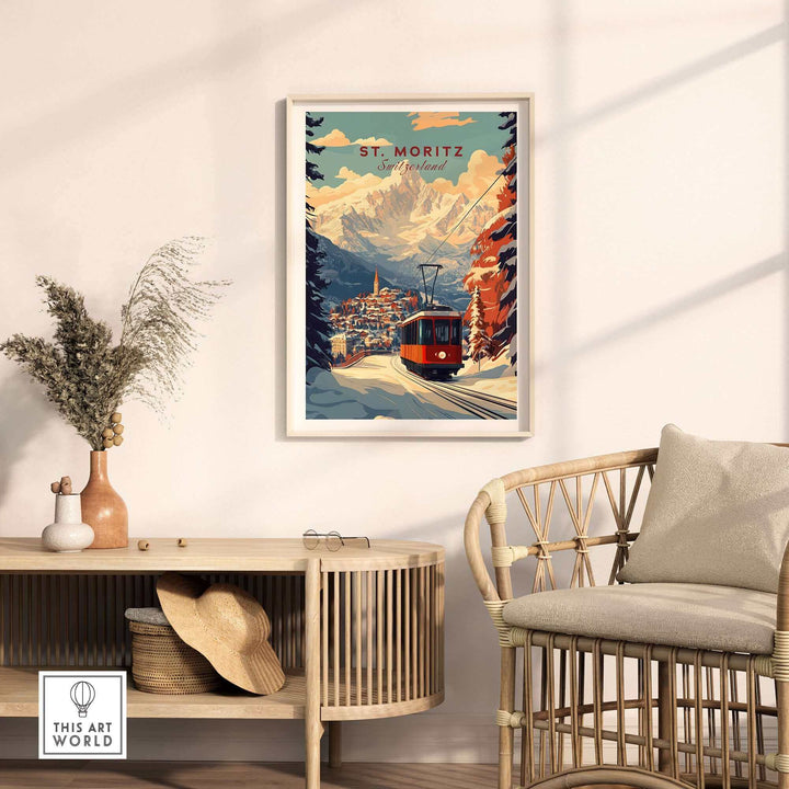 Vintage St Moritz ski poster print showcasing Swiss alps, framed and displayed in a cozy living room with natural decor.