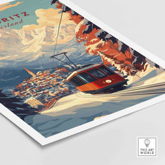 Vintage ski poster of St Moritz, Switzerland featuring a red tram against snowy mountains and vibrant trees.