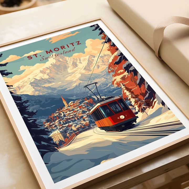 Vintage St Moritz ski poster featuring a scenic winter landscape with a tram and snowy mountains in Switzerland.