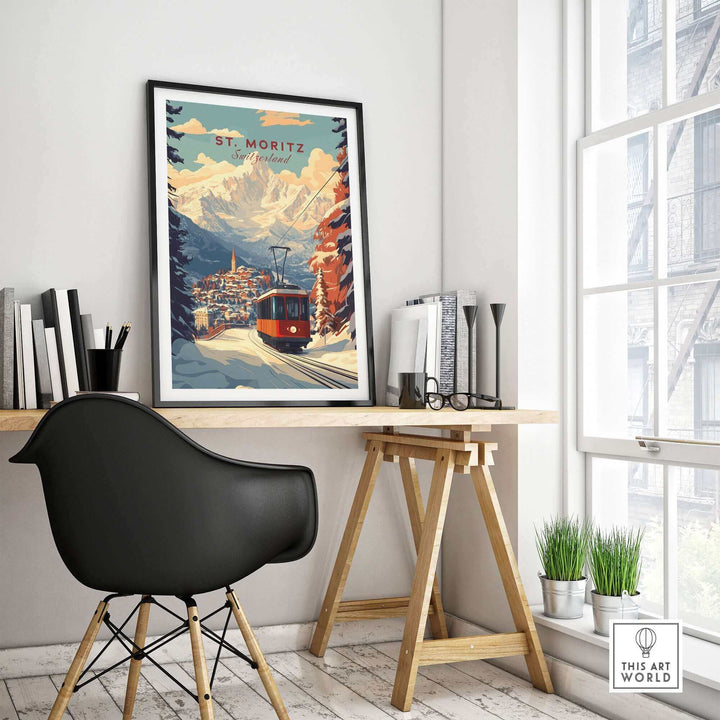 Vintage St Moritz ski poster print displayed in a modern room setting, showcasing snowy Swiss mountains and a red train.