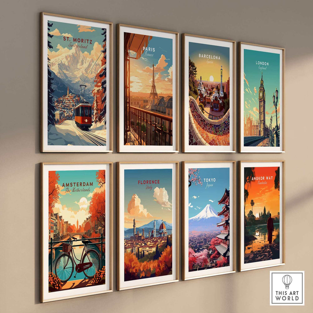 Wall display of nine framed cityscape posters, featuring destinations like St Moritz, Paris, and Tokyo, blending travel and art themes.