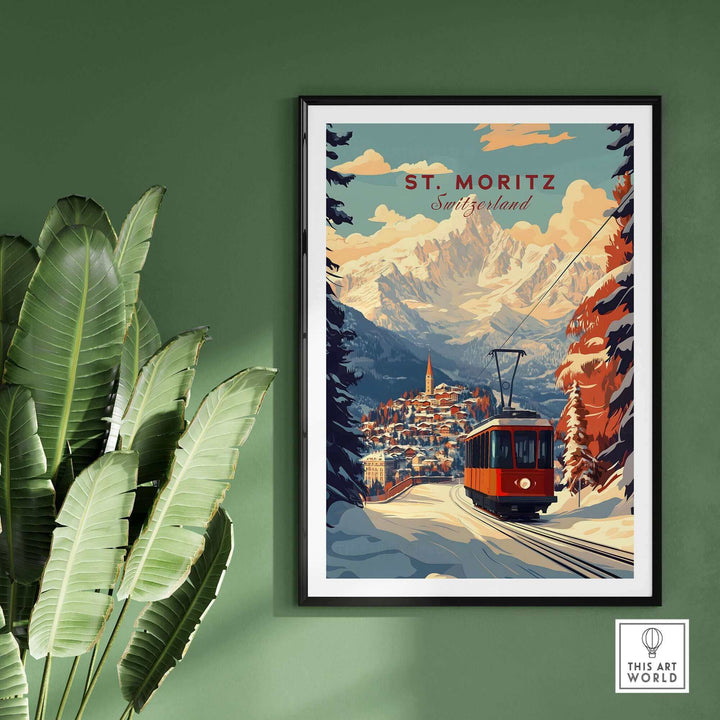 Vintage Ski Poster of St Moritz, Switzerland with scenic mountain view and tram, perfect winter decor.