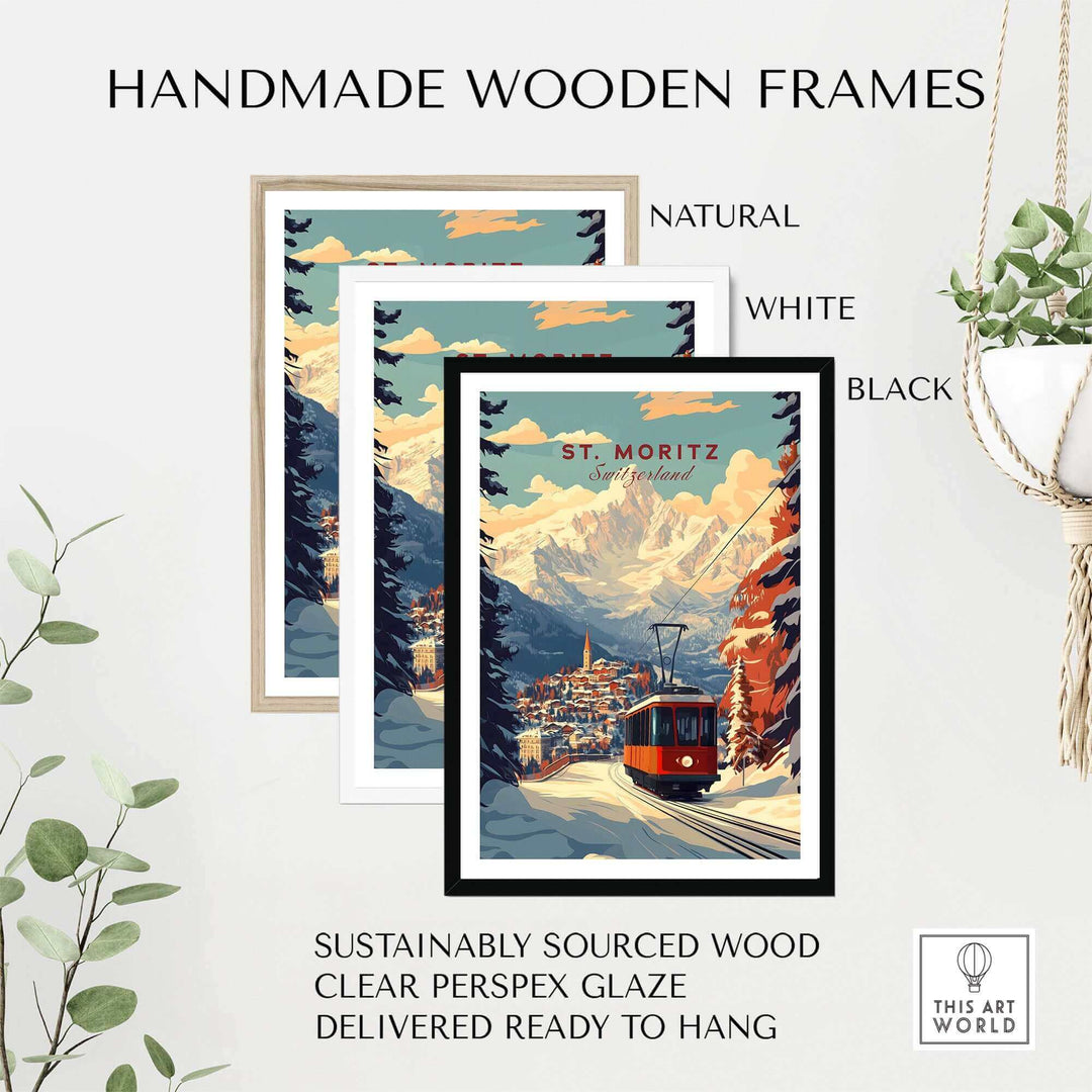 St Moritz Print featuring a ski poster in handmade wooden frames, available in natural, white, and black, ready to hang.