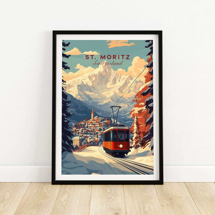 Vintage St Moritz ski poster featuring a tram in snowy Switzerland, framed print with mountains in background.