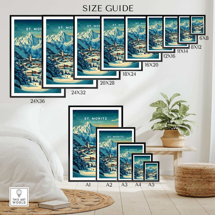 St Moritz Ski Poster featuring multiple sizes in a cozy bedroom setting, showcasing stunning Swiss alpine scenery.