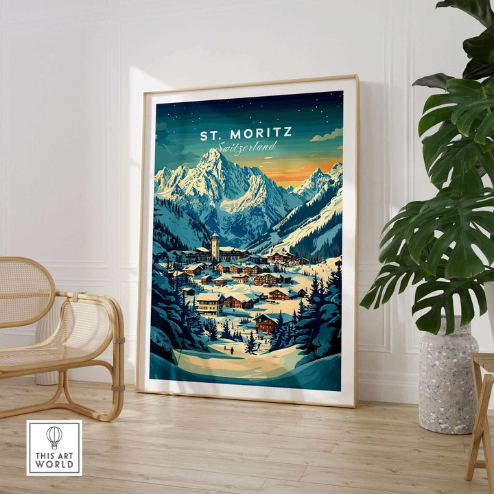 St Moritz Ski Poster featuring a scenic view of snowy mountains and village, framed and displayed in a stylish room.