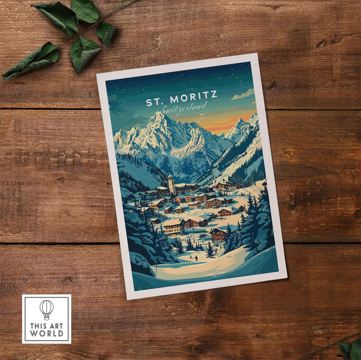 Vintage St Moritz Ski Poster featuring a snowy Swiss alpine village, perfect for winter sports enthusiasts and art lovers.