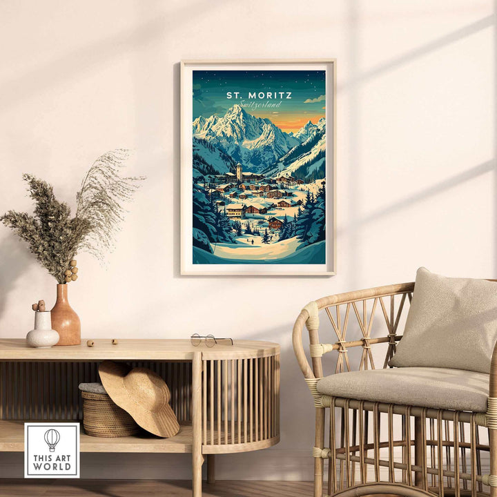 Vintage St Moritz Ski Poster in a modern living room, showcasing a scenic view of Switzerland's snowy mountains.