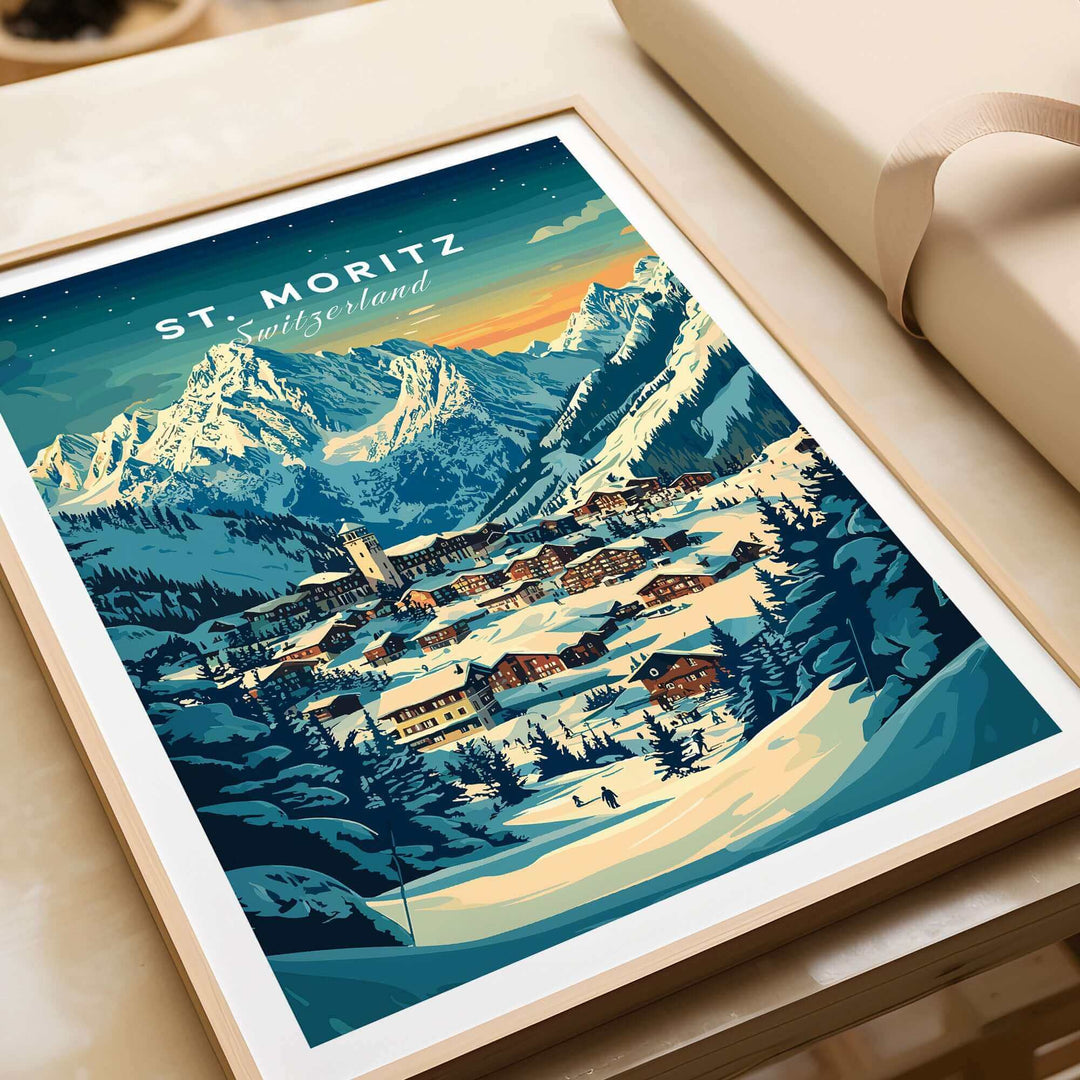 Vintage St Moritz Ski Poster featuring a scenic view of the Swiss Alps, showcasing a snowy village landscape.