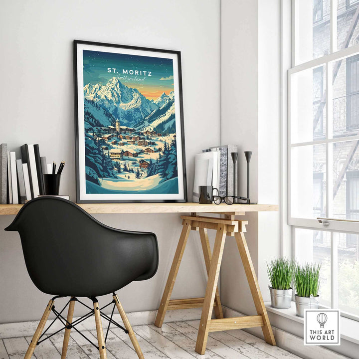 St Moritz Ski Poster in modern office space, featuring Swiss alpine landscape artwork on wall above desk with chair and decor.