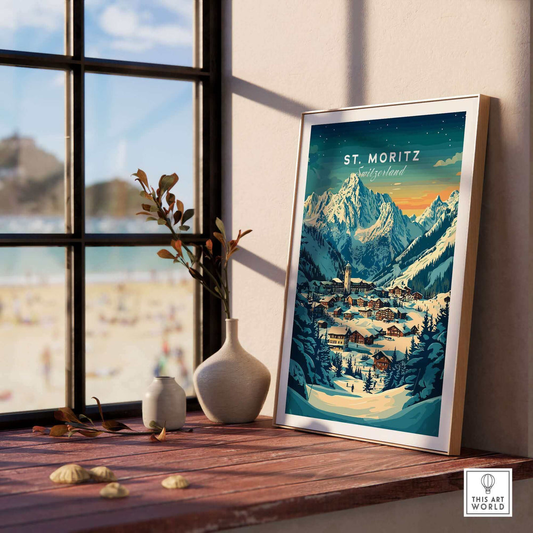 St Moritz Ski Poster in frame on windowsill with mountain view in background, Switzerland-themed decor.