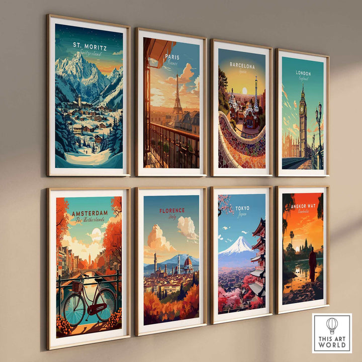 Collection of travel posters featuring scenic destinations including St. Moritz, Paris, Barcelona, and more, framed on a wall.