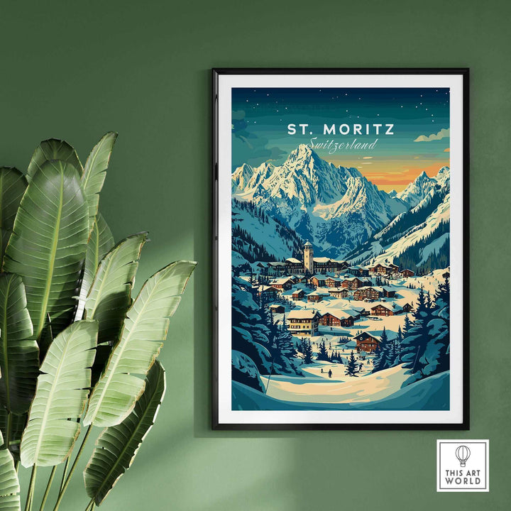 St Moritz Ski Poster showcasing Swiss Alps landscape in winter, highlighting a picturesque snowy village.