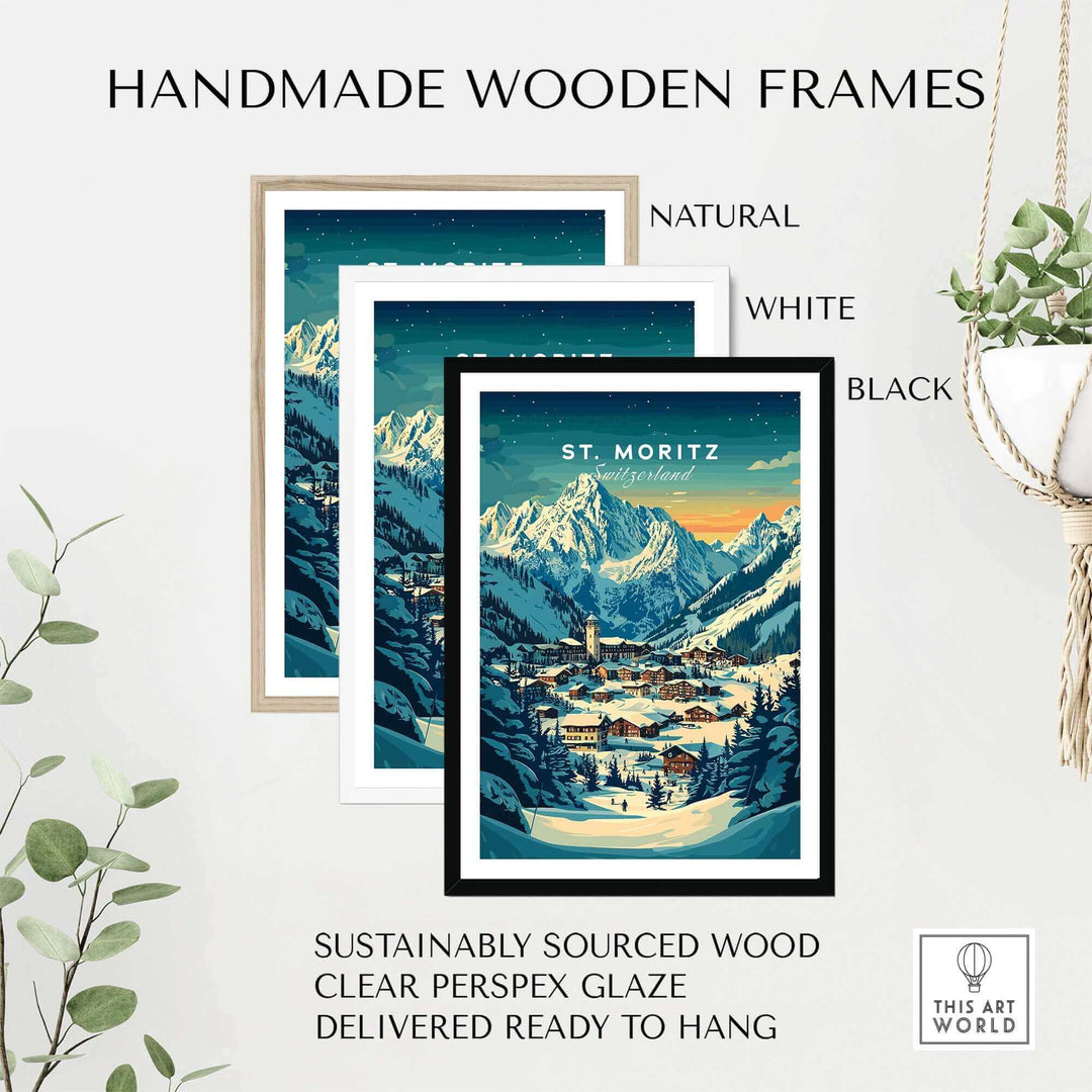 Handmade wooden frames for St Moritz Ski Poster in natural, white, and black. Sustainable wood, ready to hang in Switzerland.