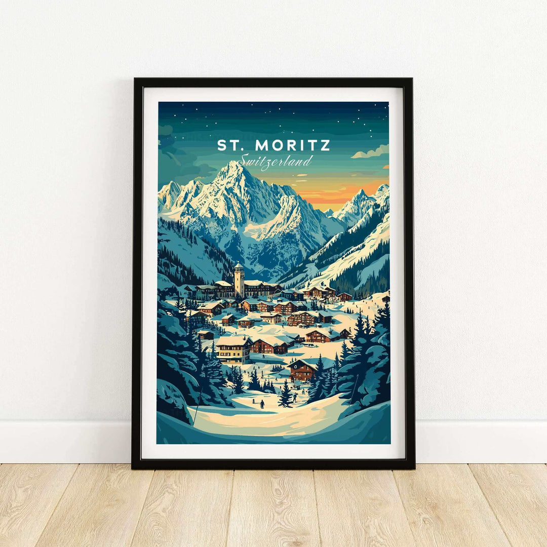 Vintage St. Moritz Ski Poster depicting a snowy Swiss landscape with mountains, ideal for winter sports enthusiasts and decor lovers.