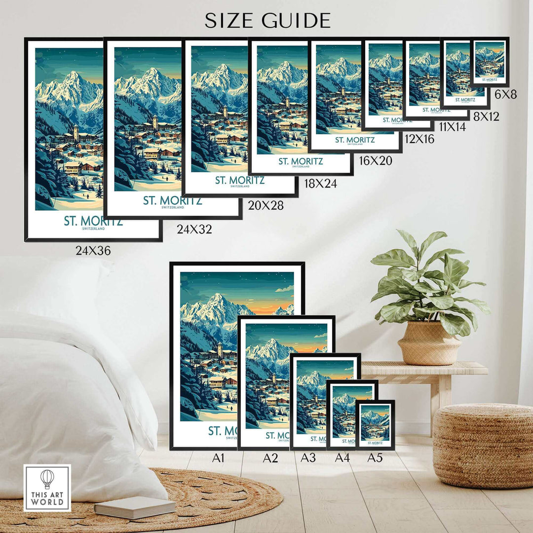 St Moritz Wall Art Print Ski Poster in various sizes displayed in living room setting with plants and decor.