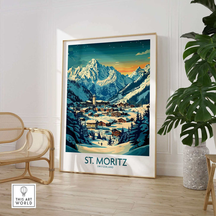 St Moritz Wall Art Print of Swiss mountains, showcasing a vibrant ski village. Ideal for ski poster enthusiasts and home decor.