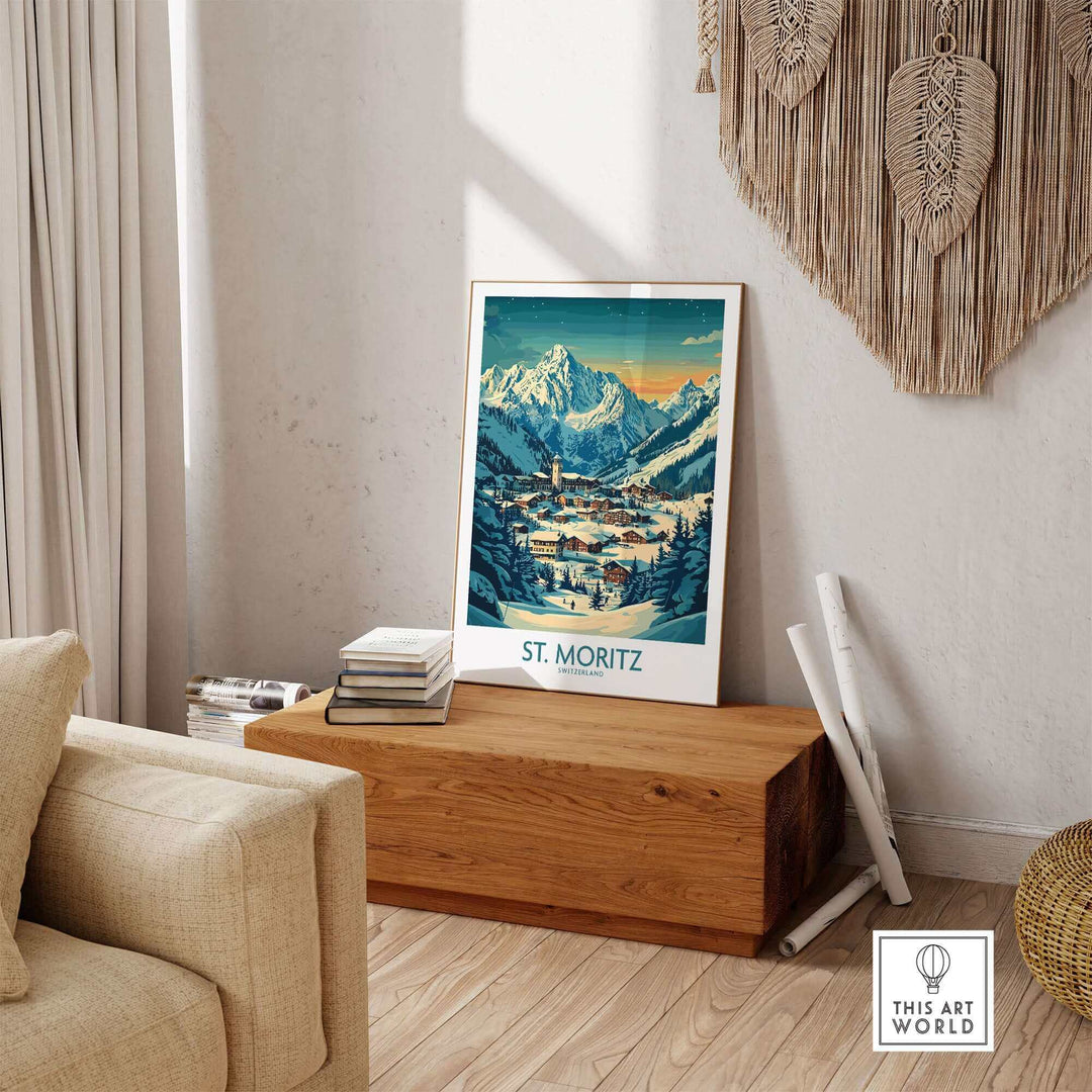 St Moritz Wall Art Print featuring a scenic view of snowy mountains in Switzerland, a perfect ski poster for home decor.