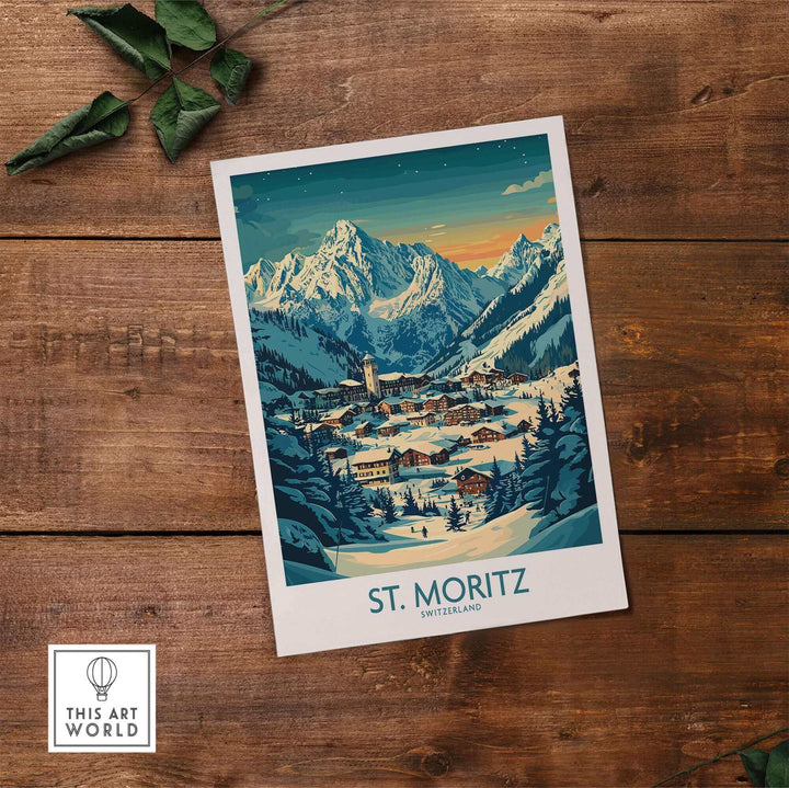 St Moritz Wall Art Print featuring a scenic ski poster of Switzerland's snowy mountains and village landscape.