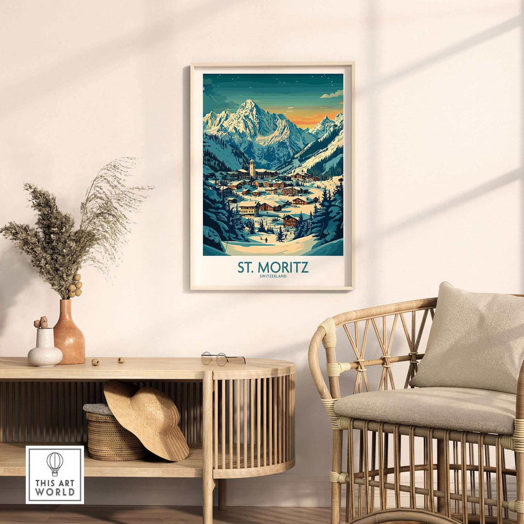 St Moritz wall art print depicting snowy mountains and village, perfect ski poster for decor.