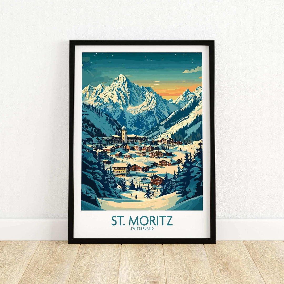 St Moritz Wall Art Print featuring a picturesque winter scene in Switzerland, highlighting a ski resort landscape. Ski Poster.