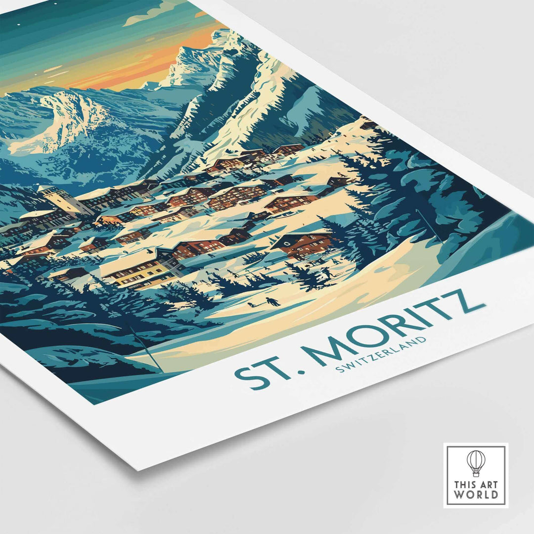 St Moritz wall art print featuring a winter ski scene in Switzerland, showcasing a vibrant mountain village. Ski poster decor.