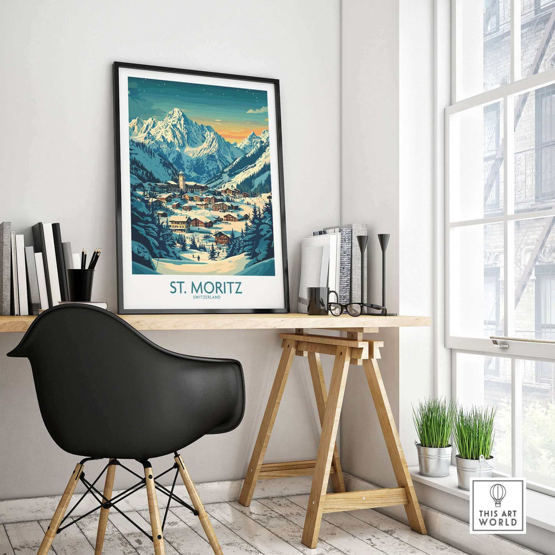 St Moritz wall art print featuring a scenic ski poster of Switzerland, displayed in a stylish modern interior setting.