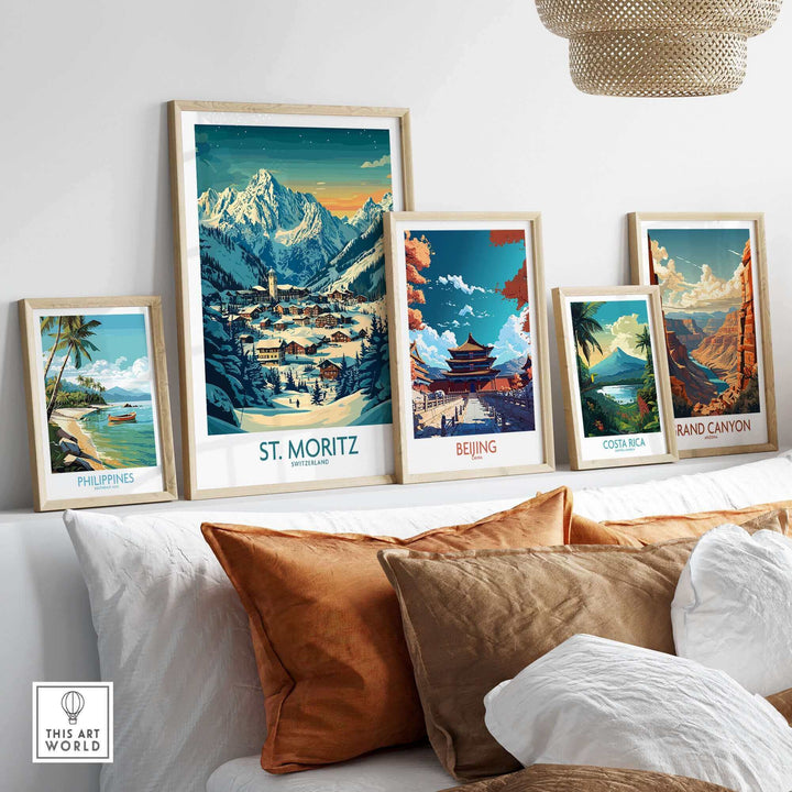 Gallery display of framed wall art prints featuring St Moritz ski poster, Beijing, Costa Rica, Philippines, and Grand Canyon.