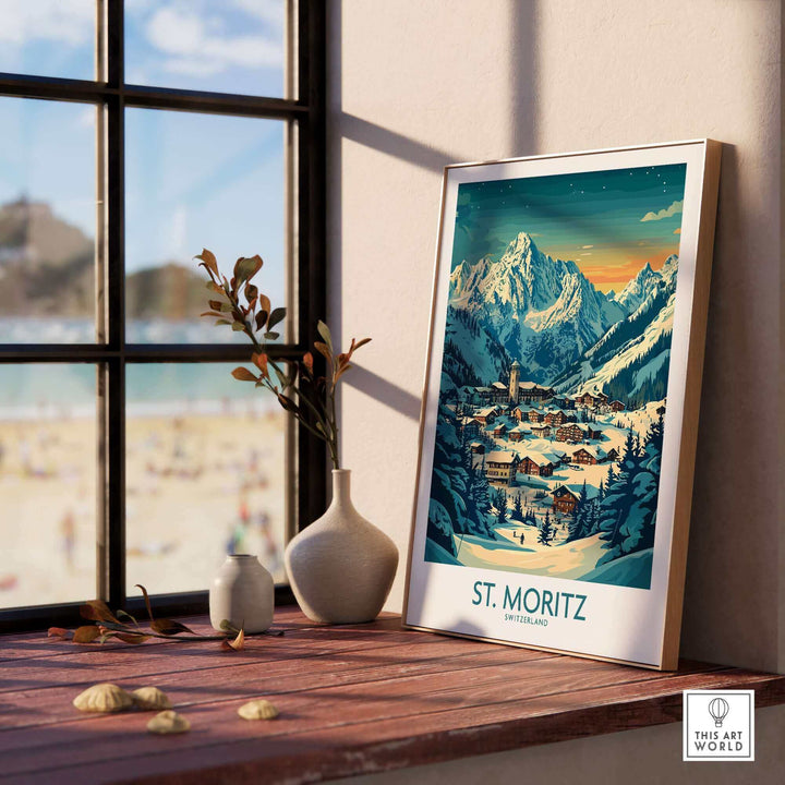 St Moritz Wall Art Print - Switzerland Ski Poster on display by a window, capturing scenic mountain views