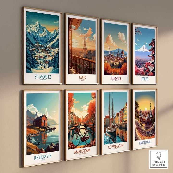 Collection of travel-themed wall art prints featuring St Moritz Ski Poster, Paris, Florence, Tokyo, Reykjavik, Amsterdam, Copenhagen, and Barcelona.