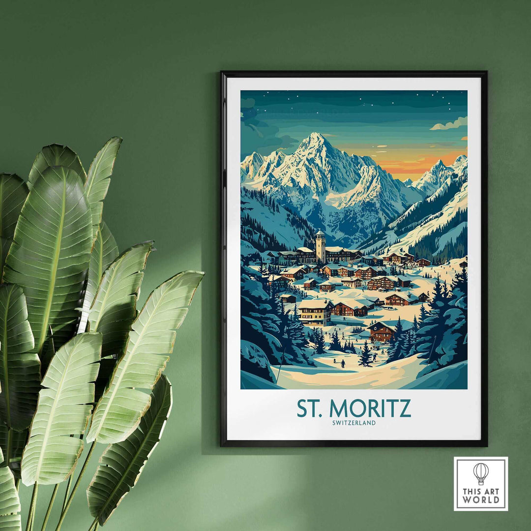 St Moritz Wall Art Print - Switzerland Ski Poster in elegant home setting with mountains and village scene.