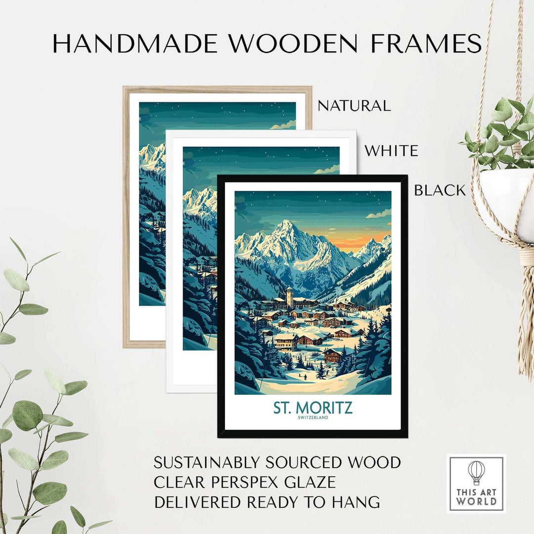 St Moritz Ski Poster with Handmade Wooden Frames - Natural, White, Black Options