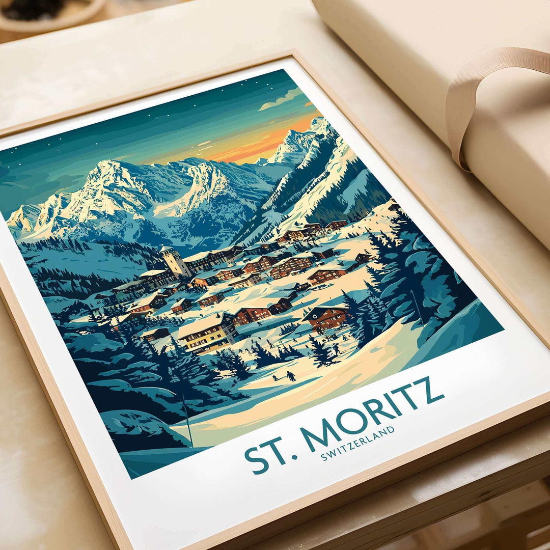 St Moritz wall art print featuring a picturesque ski poster of Switzerland's snowy mountains and charming village scene.