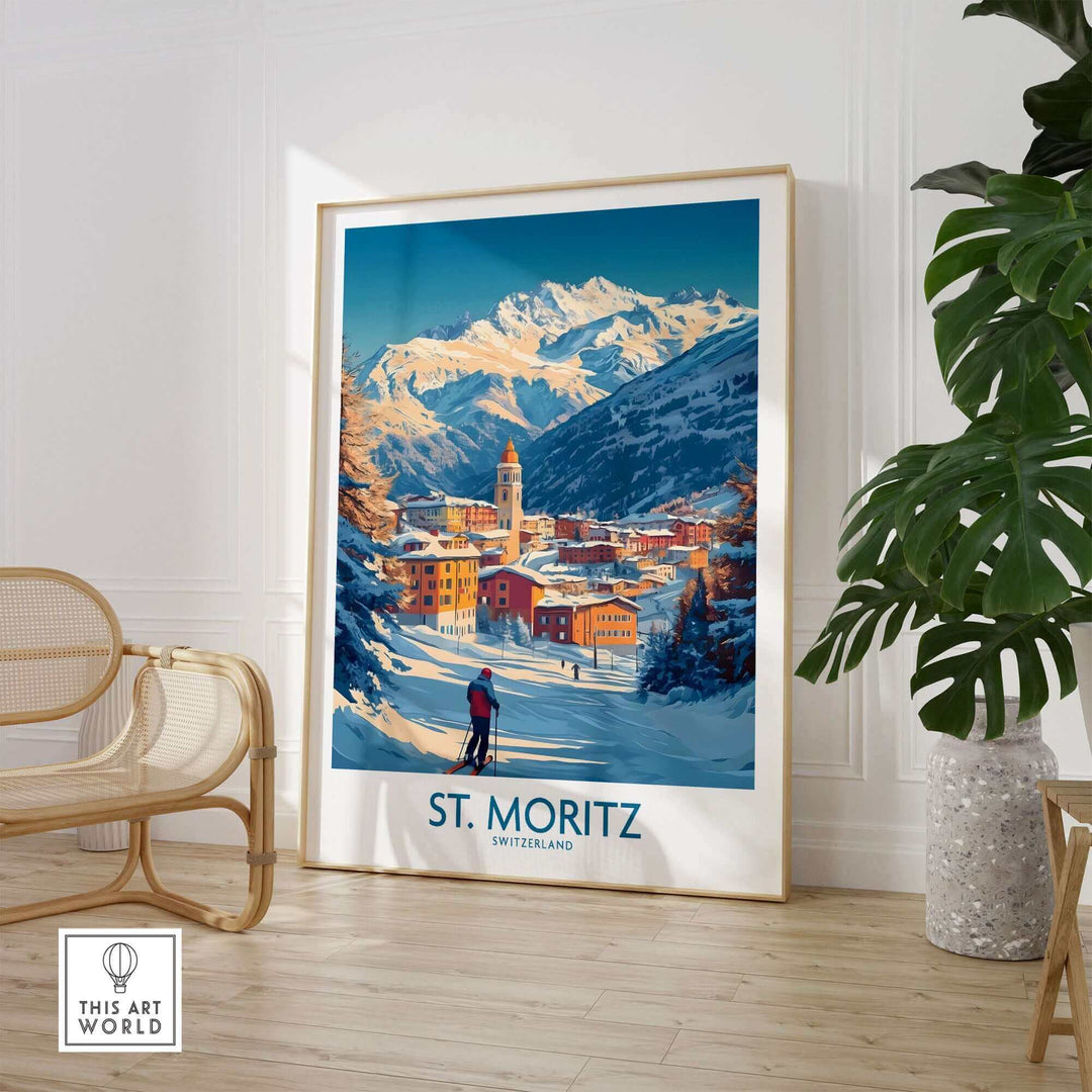 St Moritz Ski Poster Wall Art featuring a vintage-style design of a snow-covered mountain and village scene in a modern room setting.