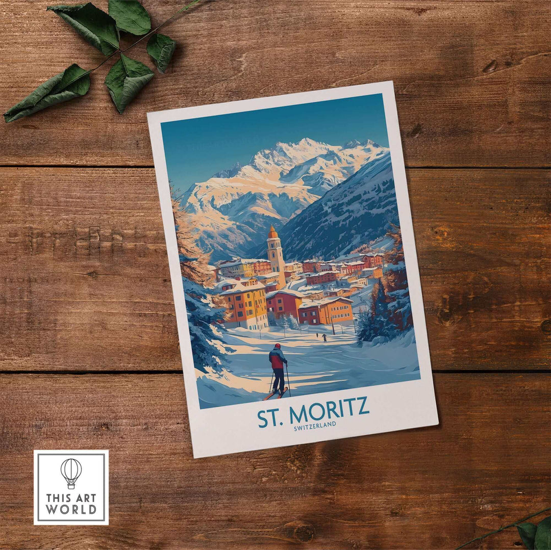 St Moritz Ski Poster Wall Art on Wooden Surface with Mountain Background