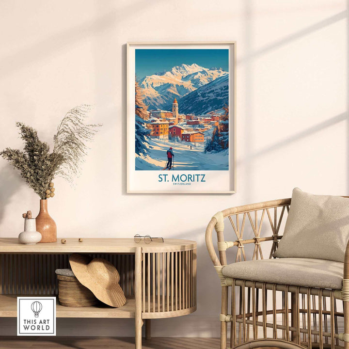 St Moritz Wall Art Ski Poster displayed in a cozy living room setting with wicker chair and natural decor.