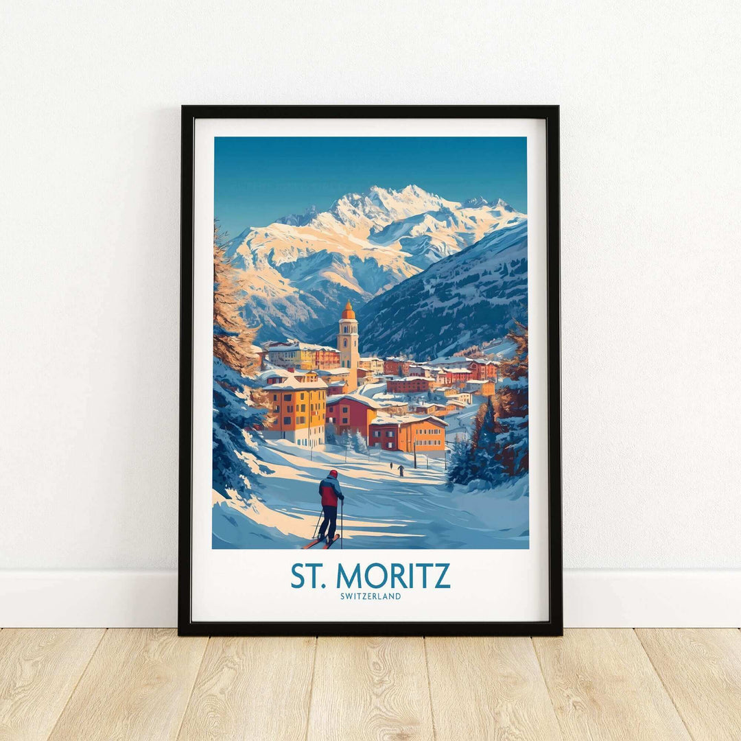 St Moritz Wall Art Ski Poster showcasing a scenic winter view with mountains and a vibrant village for home decor.