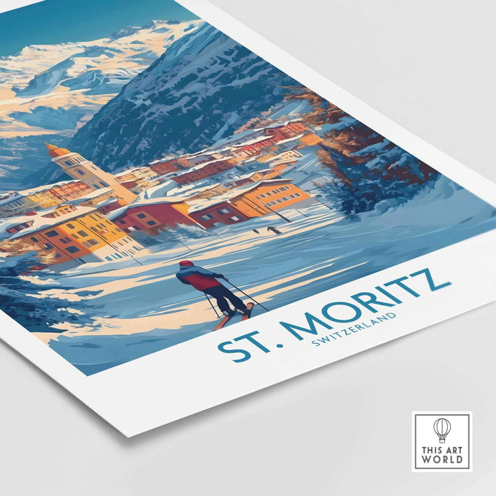 St Moritz wall art depicting a ski scene in Switzerland with mountains and buildings, featuring vibrant colors. Perfect ski poster decor.