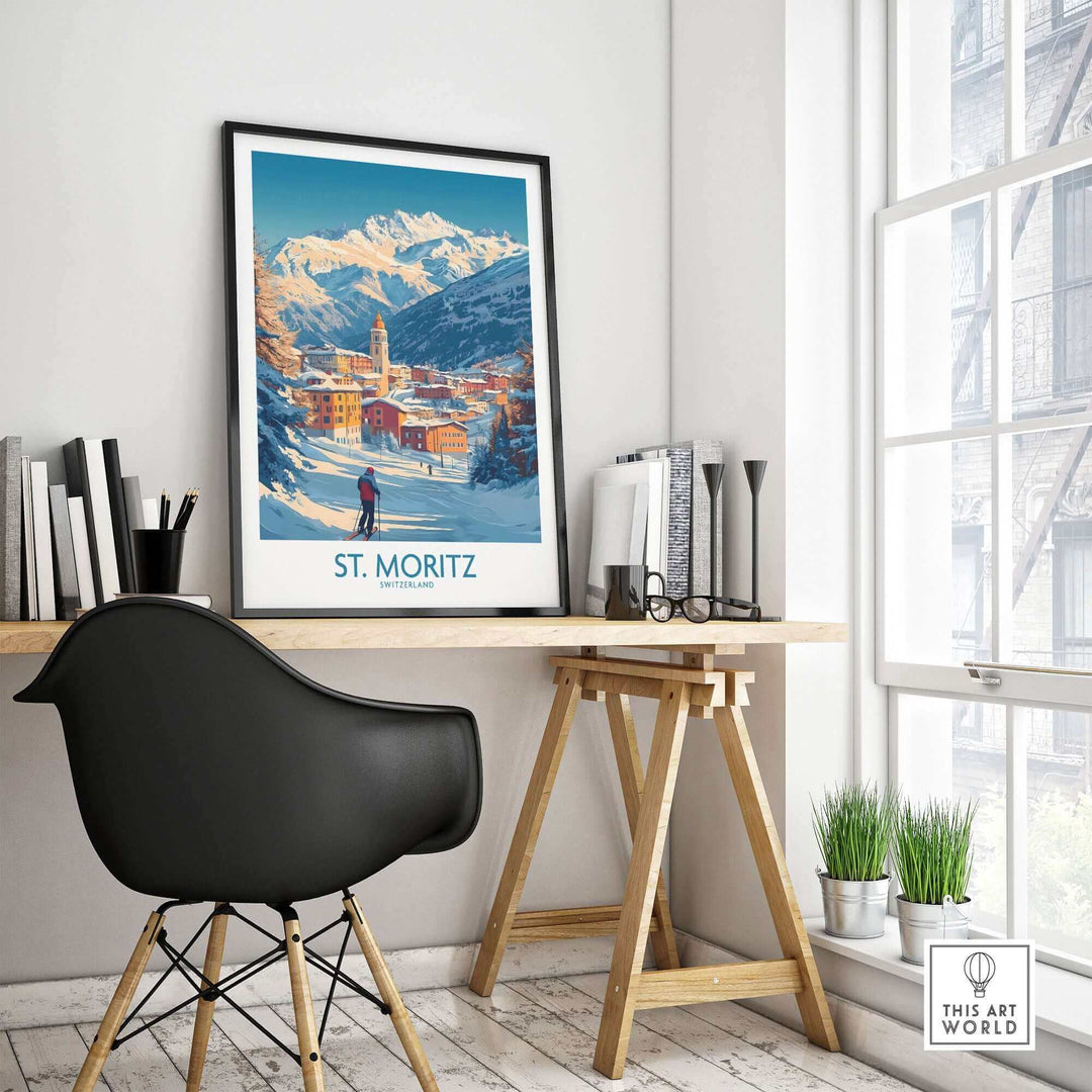 St Moritz wall art ski poster displayed on a desk in a modern room, featuring a scenic mountain view.