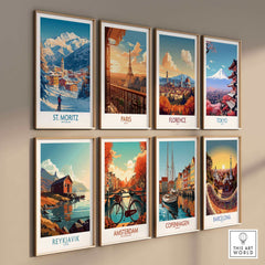 Gallery wall featuring ski poster art, including St Moritz, Paris, Florence, Tokyo, Reykjavik, Amsterdam, Copenhagen, and Barcelona.