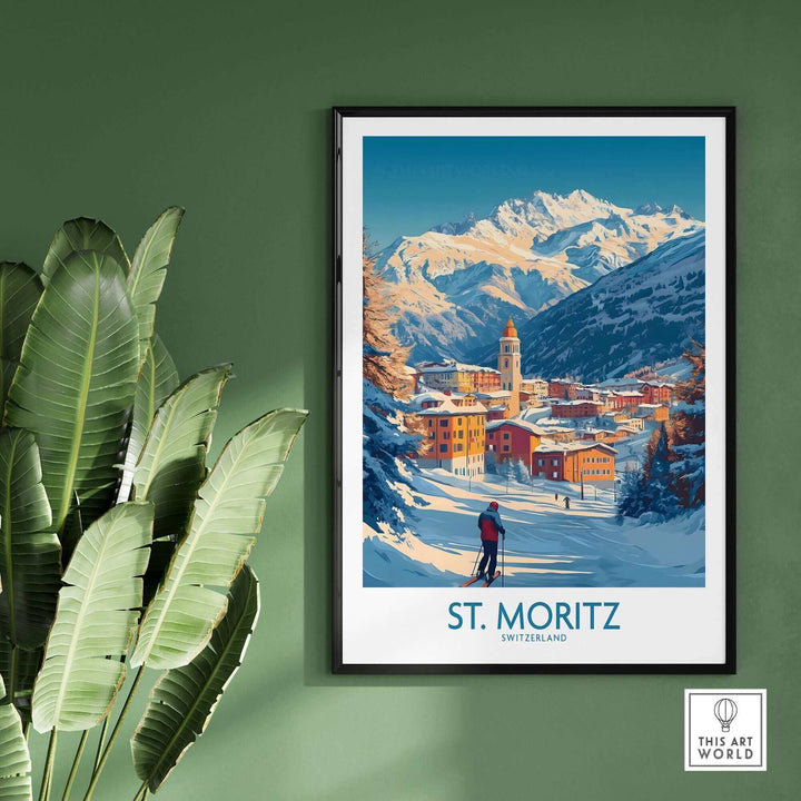 St Moritz ski poster with snowy mountain scene and skier, ideal wall art for winter sports enthusiasts.