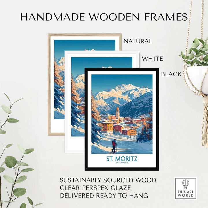 St Moritz Ski Poster in handmade wooden frames, available in natural, white, and black. Eco-friendly and ready to hang.