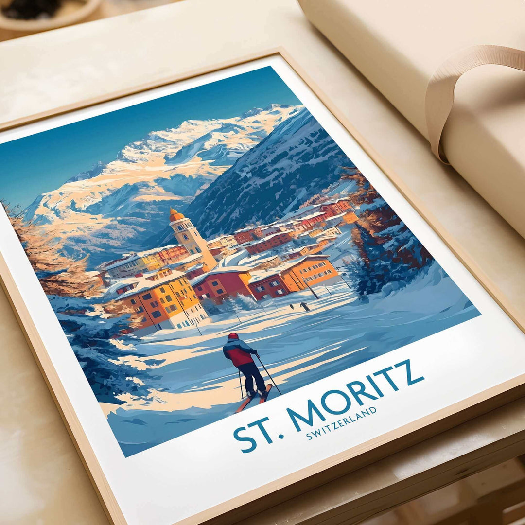 St Moritz Wall Art Ski Poster featuring a scenic alpine landscape with mountains, skier, and a picturesque Swiss village.