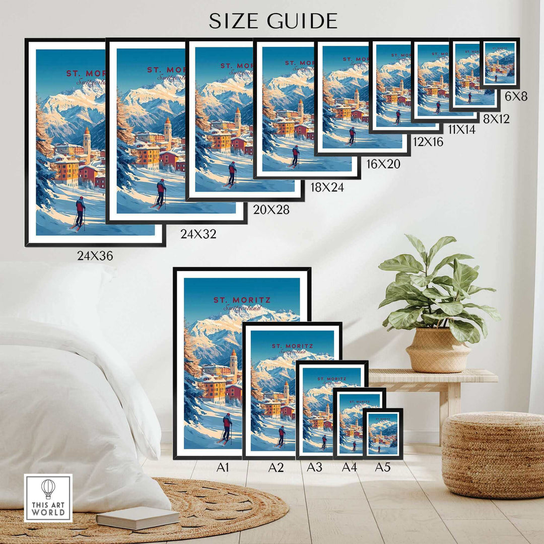 St Moritz Ski Poster Wall Art, various sizes displayed in room setting, featuring snowy mountain landscape and skier illustration.