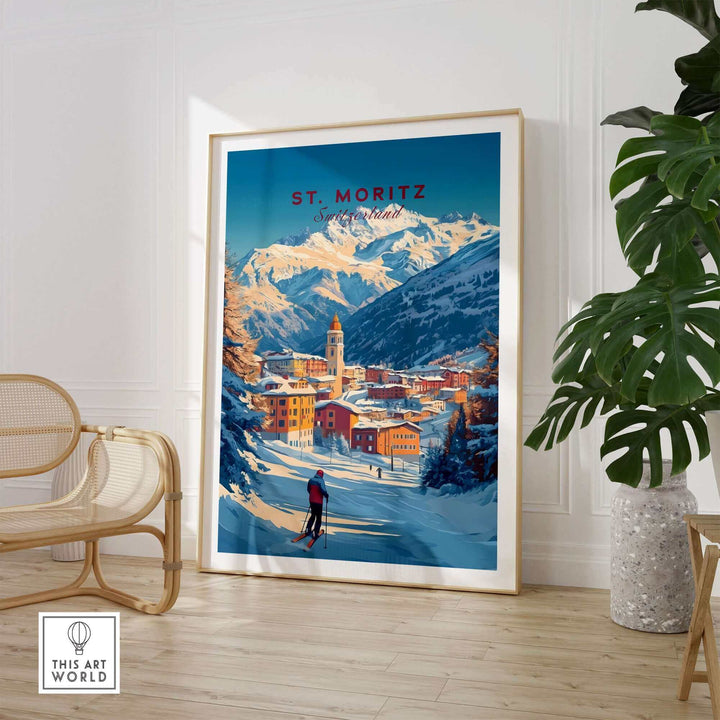 St Moritz wall art ski print featuring a skier in a scenic mountain village, perfect for ski poster enthusiasts.