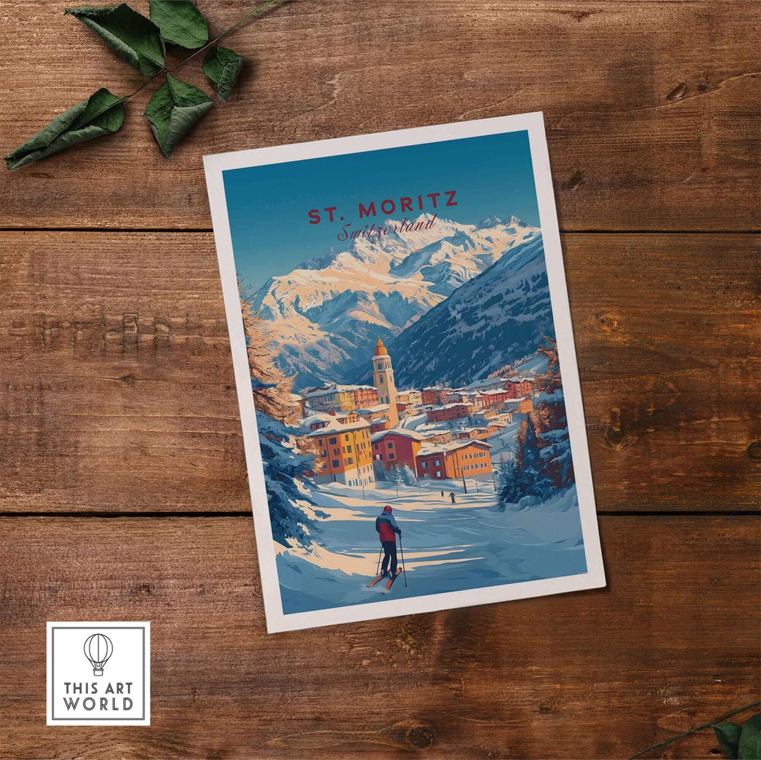 Vintage St Moritz ski poster wall art featuring snowy mountain landscape and skier, perfect for winter sports enthusiasts.