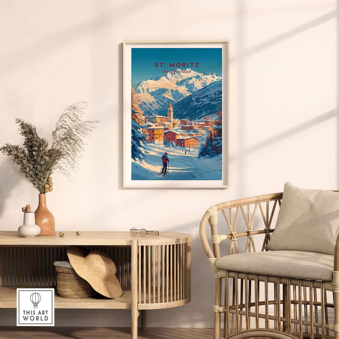 St Moritz ski poster wall art in cozy room with natural decor, showcasing a vibrant ski scene and mountain landscape.