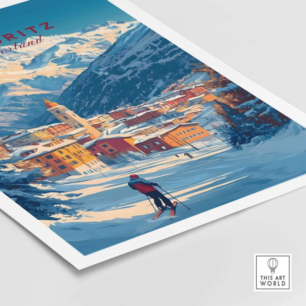 St Moritz Ski Poster featuring a skier and scenic snowy mountain landscape, perfect wall art print for ski enthusiasts.