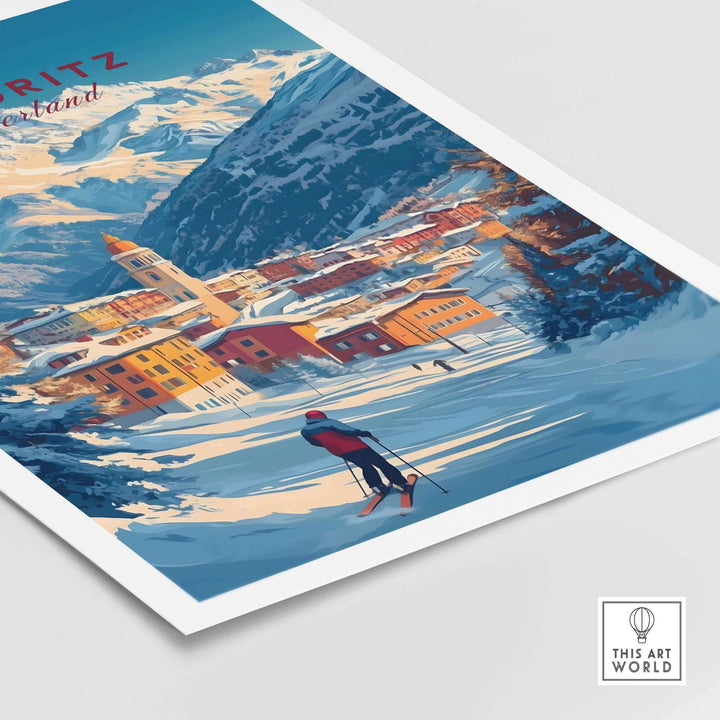 St Moritz Ski Poster featuring a skier and scenic snowy mountain landscape, perfect wall art print for ski enthusiasts.